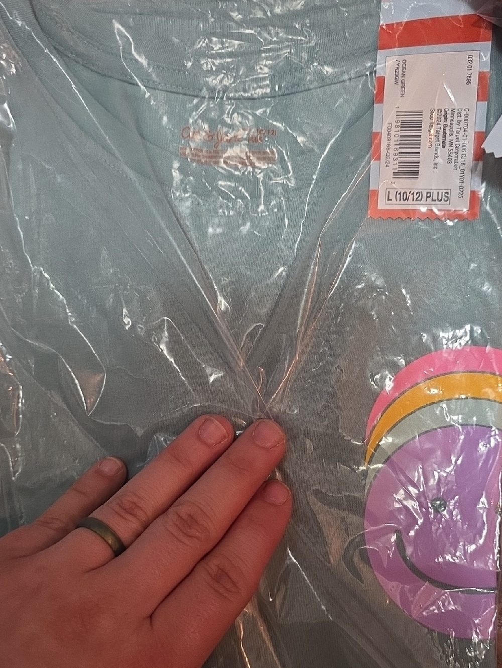 Cat & Jack Sage Green Tee with Rainbow Smiley Graphic